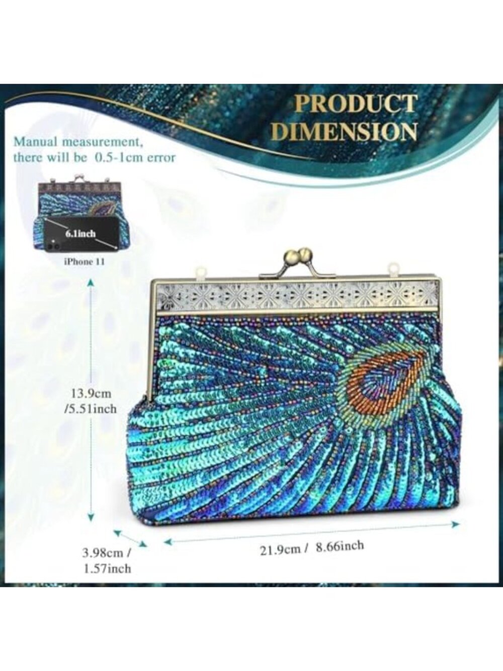 Vintage 1920s Beaded Sequin Peacock Evening Clutch Bag for Party & Wedding - Picture 6 of 6